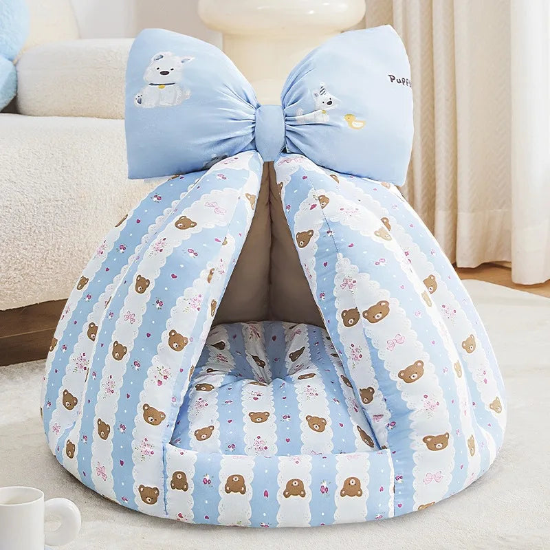 Semi-Enclosed Winter Pet Bed Pumpkin Nest Cat Dog Bed All Season Bowknot Cozy Pet Nest Mat for Cats Dogs