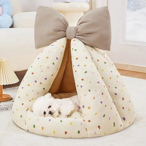 Semi-Enclosed Winter Pet Bed Pumpkin Nest Cat Dog Bed All Season Bowknot Cozy Pet Nest Mat for Cats Dogs