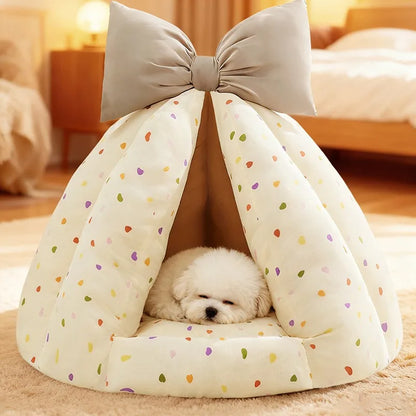 Semi-Enclosed Winter Pet Bed Pumpkin Nest Cat Dog Bed All Season Bowknot Cozy Pet Nest Mat for Cats Dogs