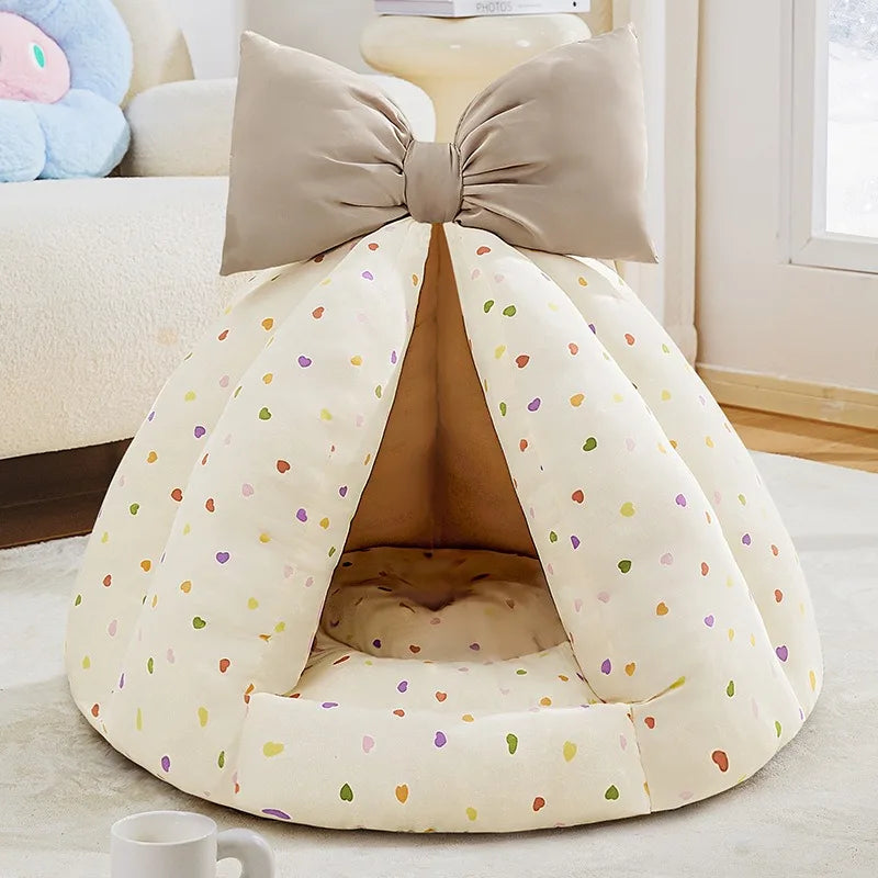 Semi-Enclosed Winter Pet Bed Pumpkin Nest Cat Dog Bed All Season Bowknot Cozy Pet Nest Mat for Cats Dogs