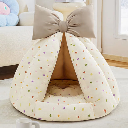 Semi-Enclosed Winter Pet Bed Pumpkin Nest Cat Dog Bed All Season Bowknot Cozy Pet Nest Mat for Cats Dogs