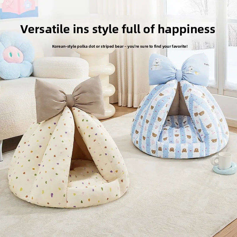 Semi-Enclosed Winter Pet Bed Pumpkin Nest Cat Dog Bed All Season Bowknot Cozy Pet Nest Mat for Cats Dogs