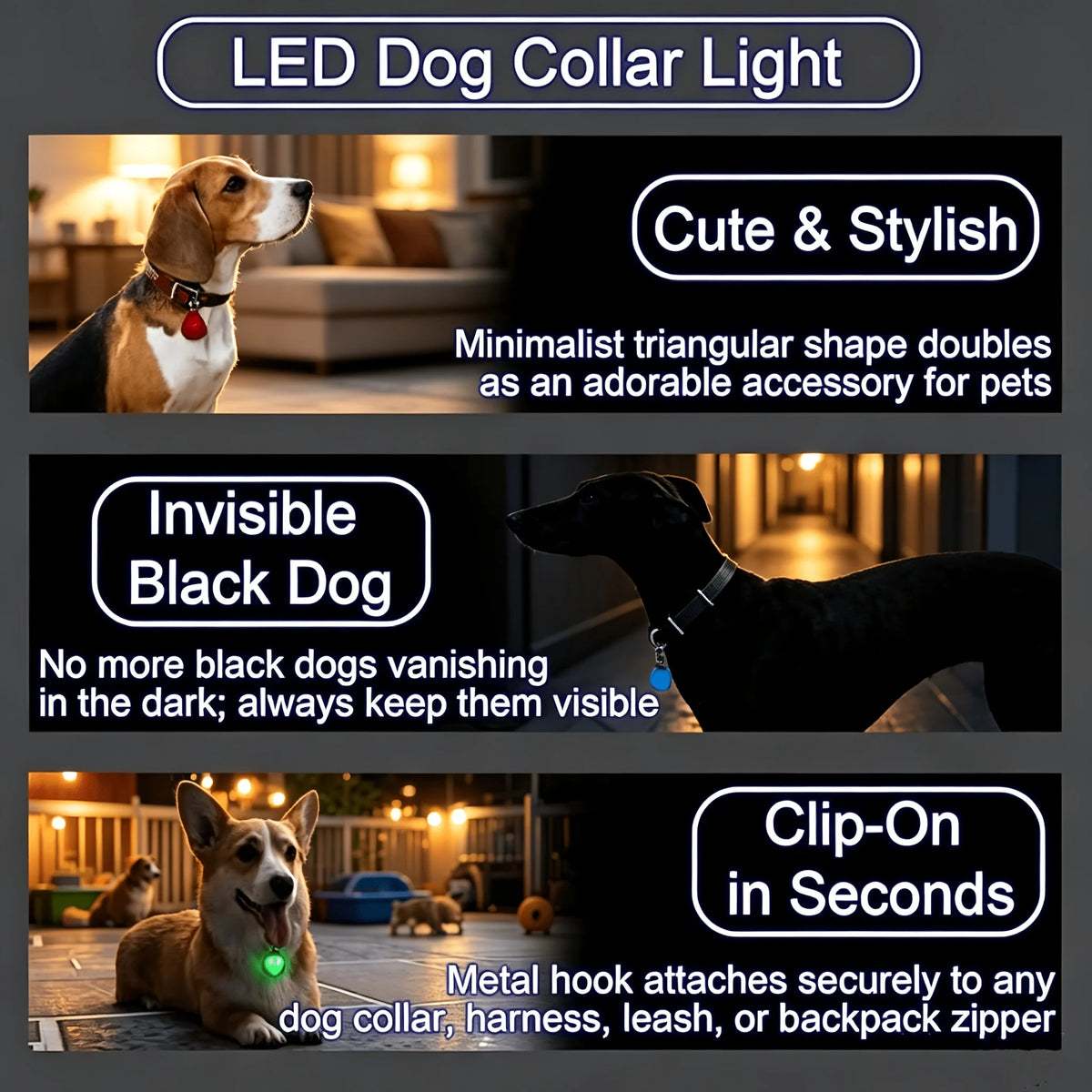 LED Pet Pendant Collar Light, LED Dog Collar Light, Clip-On Dog Safety Light, High Visibility Light Up Dog Collar Accessory, Lig