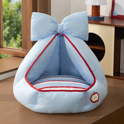 Semi-Enclosed Winter Pet Bed Pumpkin Nest Cat Dog Bed All Season Bowknot Cozy Pet Nest Mat for Cats Dogs
